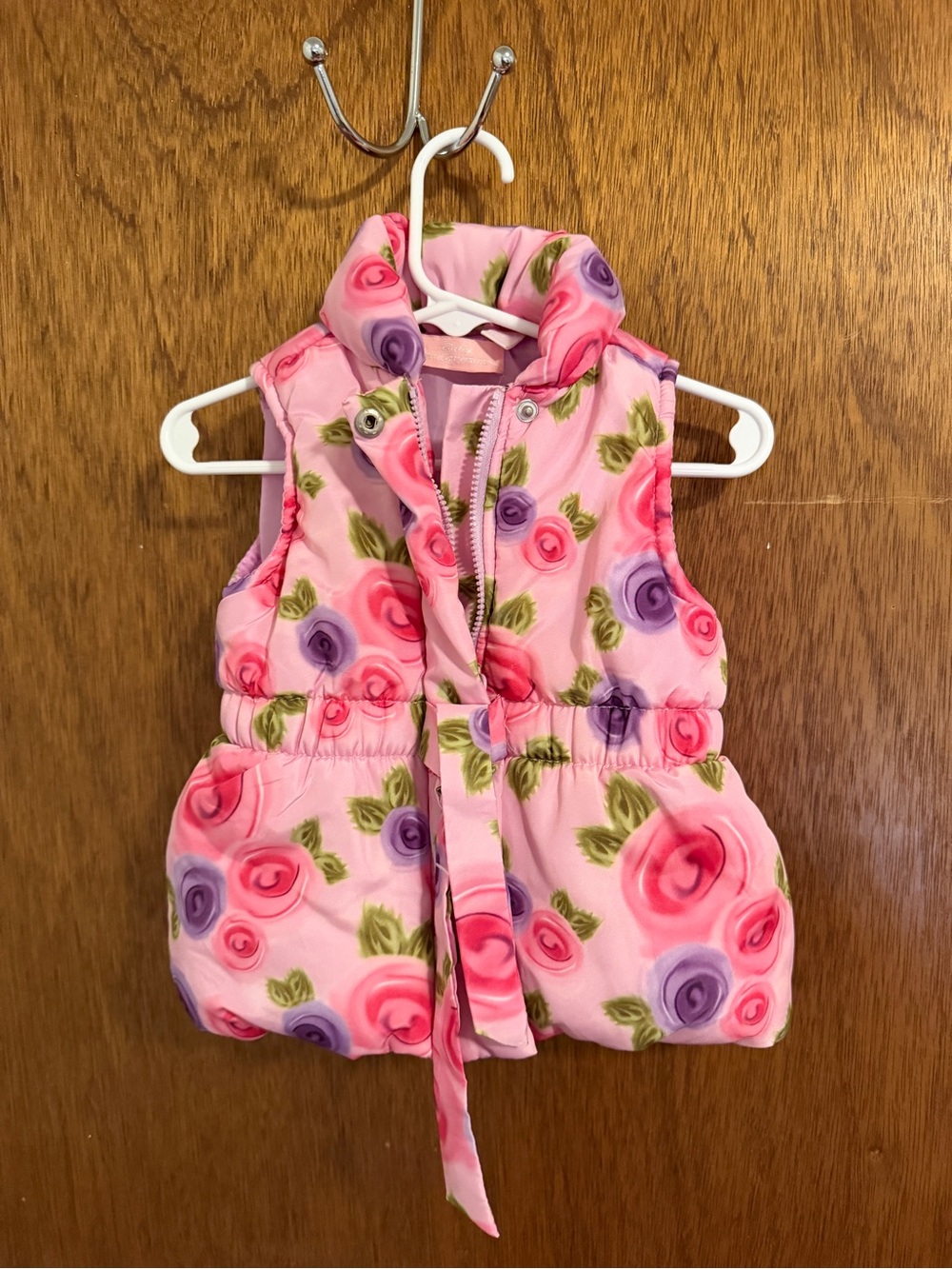 Girls Pink Floral Puffer Vest with Tie Belt